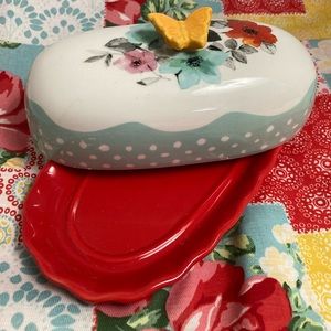 Pioneer Woman Butter Dish Butterfly Polkadots Dots red‎ blue white yellow Flower